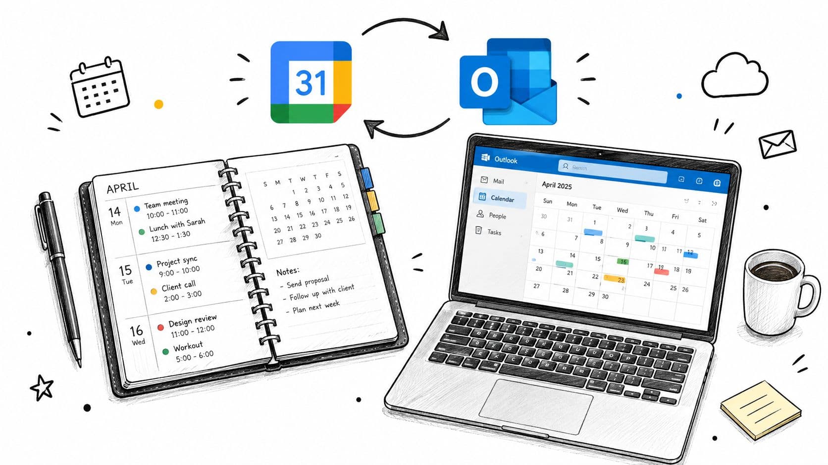 A digital illustration showing the synchronization between a physical paper planner and a laptop calendar application.