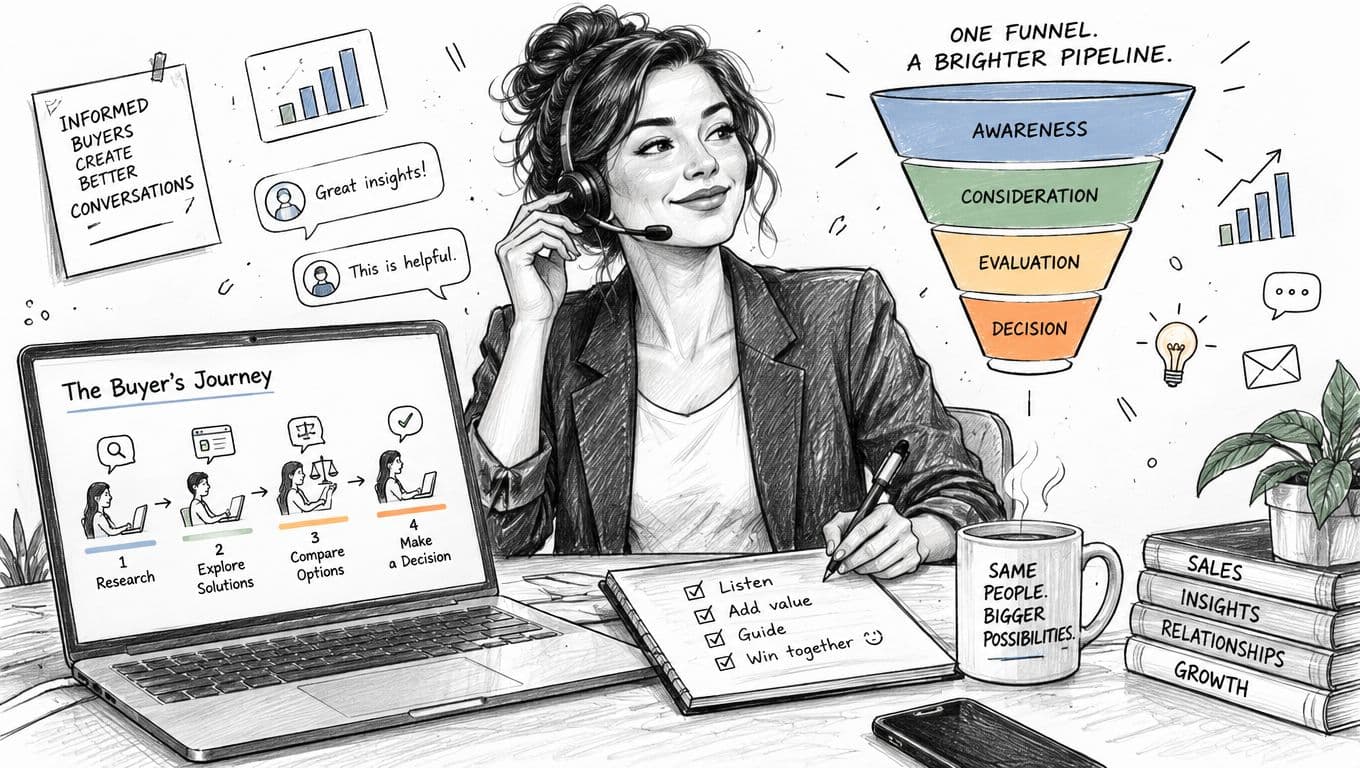 A professional woman wearing a headset, visualizing a buyer's journey funnel and sales strategies on her desk.