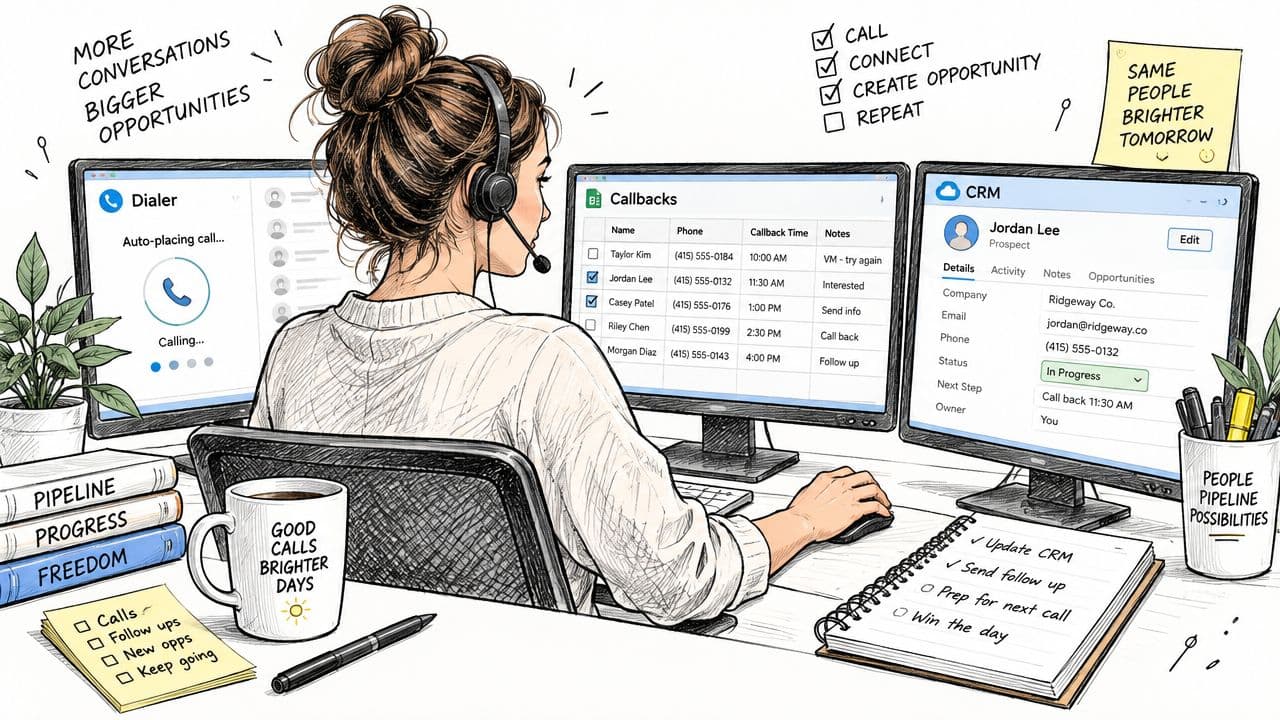 A sales rep wearing a headset working a call queue in a power dialer and CRM interface on one screen.