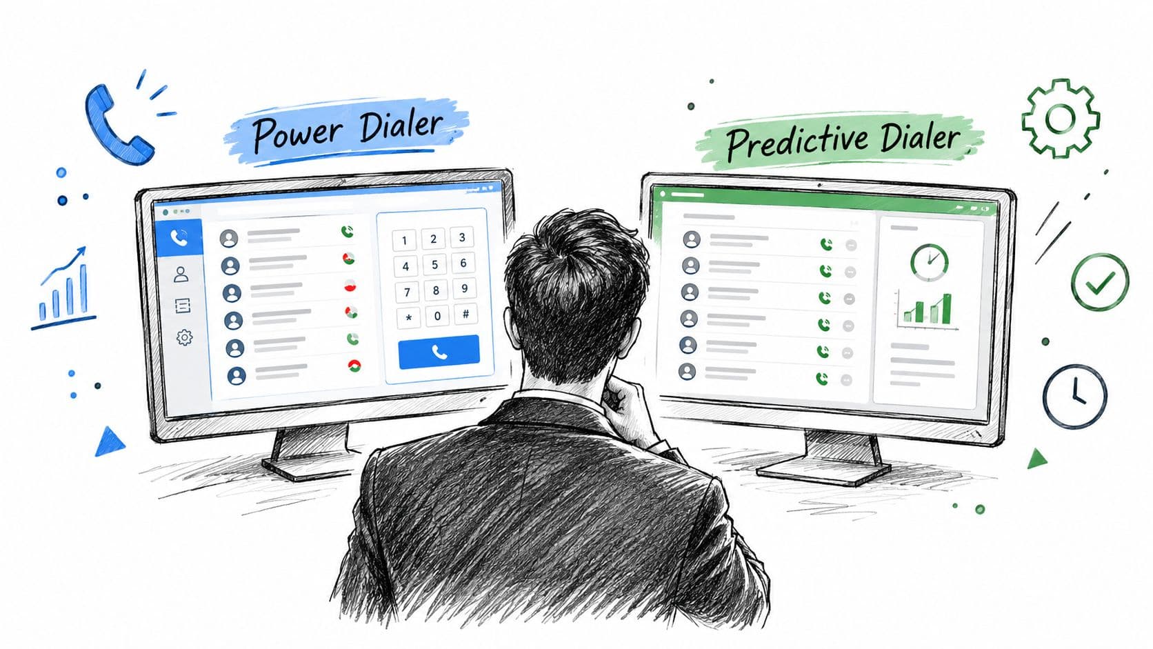 A sales manager comparing power dialer and predictive dialer software interfaces on two side-by-side monitors.