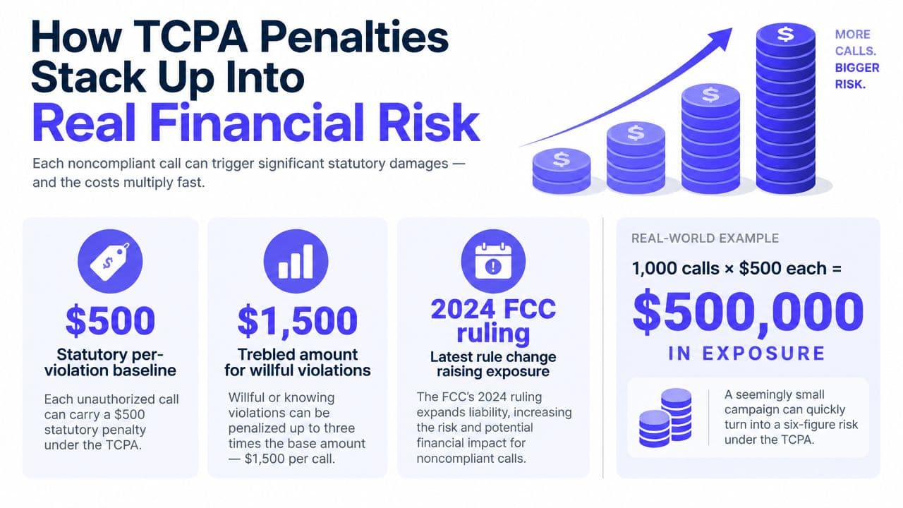 An infographic showing how TCPA violation penalties can accumulate to create significant financial exposure for businesses.