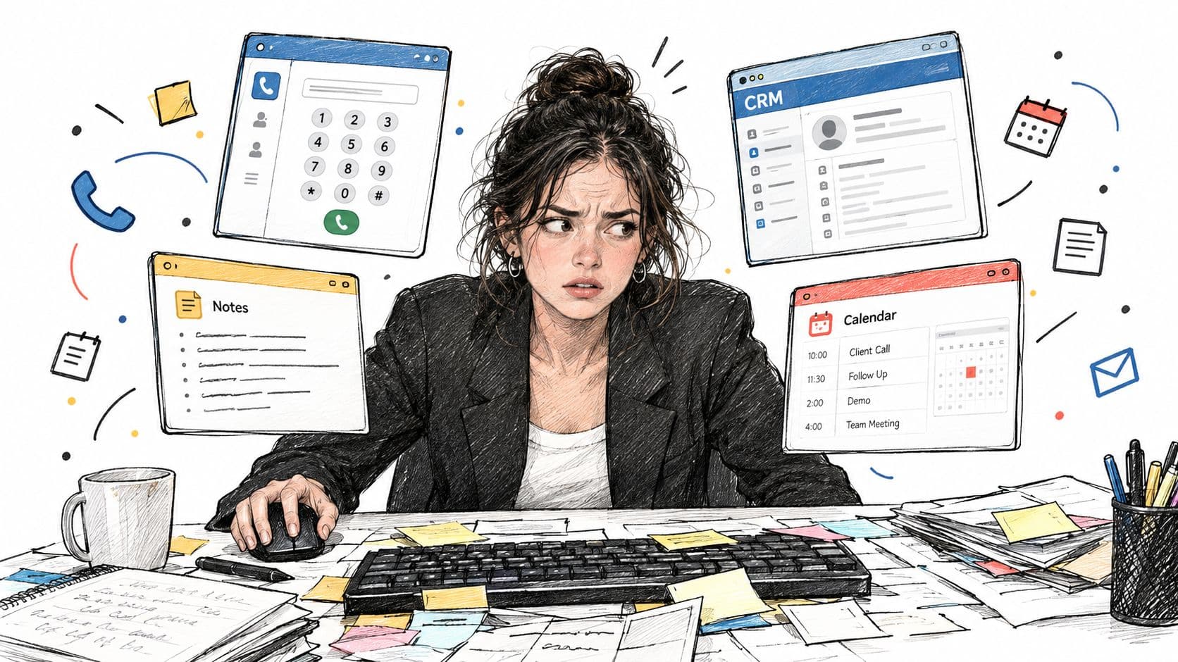 A sales rep surrounded by disconnected tools, copying call outcomes between a dialer and a separate CRM.