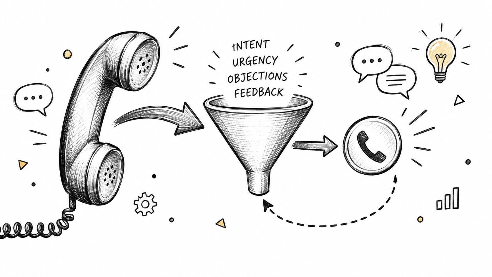A hand-drawn illustration showing a phone call funneling insights like intent, urgency, objections, and feedback.