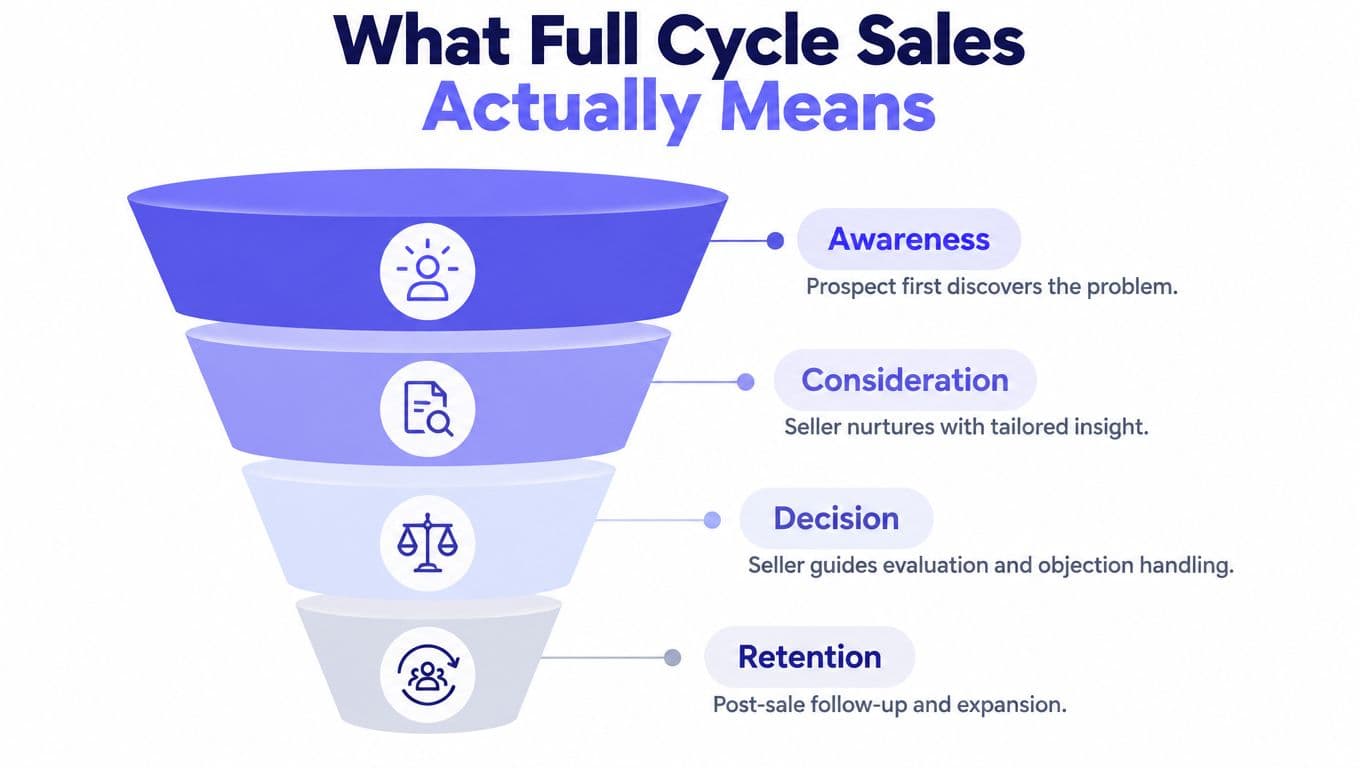 A funnel diagram illustrating the four stages of full cycle sales: awareness, consideration, decision, and retention.