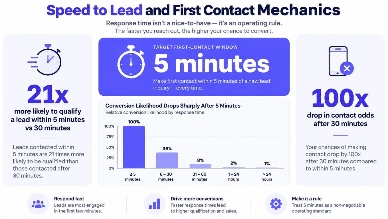 An infographic illustrating that responding to leads within five minutes significantly increases conversion and qualification success rates.