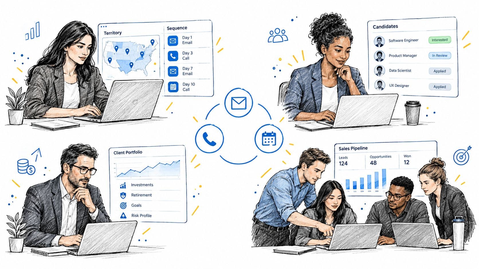 A digital illustration showing diverse professionals working on different business tasks using a modern software interface.